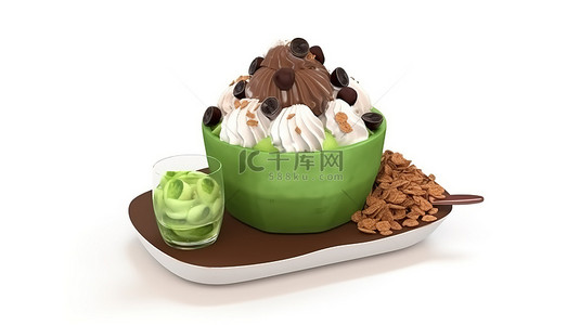 卡通风格 3d 渲染巧克力绿茶浇头和刨冰 bingsu 与冰淇淋隔离在白色背景