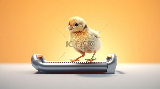 小图卡通背景图片_一只小鸡在跑步机上轻快慢跑的 3D 渲染图像