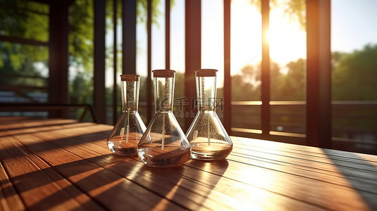 化学粉背景图片_设置在阳光照射的木桌上的实验室烧杯逼真的 3D 渲染