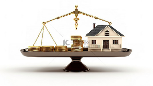 两大特点背景图片_白色背景的 3D 渲染，其特点是房子的金钱在简单的权重秤上平衡