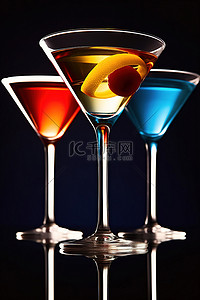 雞尾酒背景图片_三杯马提尼酒，里面有不同颜色的酒