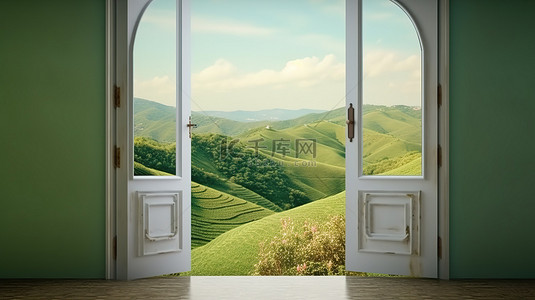 风景秀丽的绿色花山背景下白色木门的真实 3D 渲染