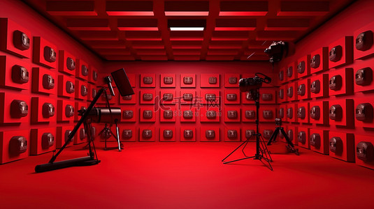 全景摄影工作室背景与充满活力的红色标签符号专注于趋势趋势主题和数字营销与 3D 渲染