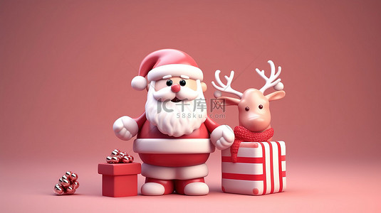 可爱的圣诞老人展示 3D 渲染的带有拐杖糖的礼品盒，周围环绕着驯鹿装饰圣诞树和充足的复制空间