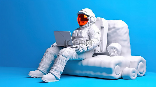 蓝色夜背景背景图片_太空探索者在沙发上使用笔记本电脑在蓝色背景下进行 3D 渲染