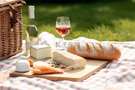草地上面包和酒的野餐场景