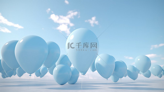 蓝色气球卡通背景图片_柔和的蓝色气球在 3D 渲染的卡通天空中翱翔