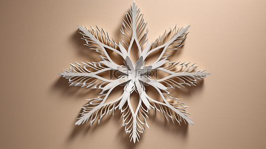 折叠和弯曲的雕刻纸雪花投射出华丽阴影的 3D 插图