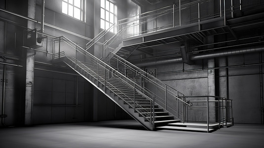 现代 3D 工业房间，拥有时尚的楼梯和宽敞的氛围