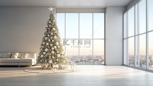 家居室内设计中客厅和节日圣诞树的时尚 3D 渲染
