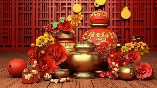 新年文本框背景图片_中国传统装饰品的 3D 渲染插图，庆祝欢乐的农历新年
