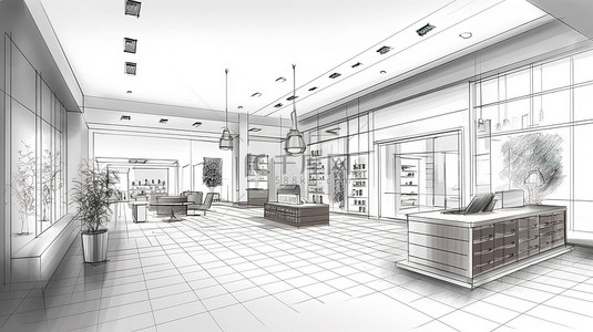 店铺内部背景图片_商业商店内部可视化的 3D 草图轮廓