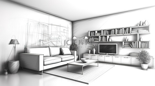 家居装饰从手绘草图到 3D 渲染中的现代客厅墙单元的演变