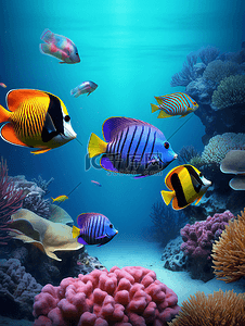 珊瑚五颜六色热带鱼海底世界广告背景