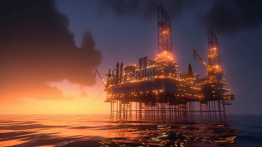石油能源背景图片_海上石油钻井平台 3d 渲染的日落视图