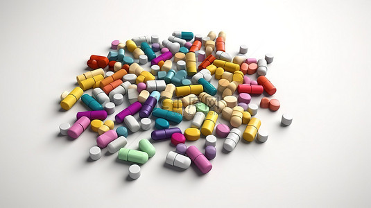 白色背景上充满活力的药丸是健康医学和药学 3D 渲染图像的象征