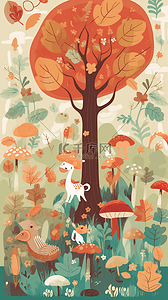 小动物森林背景图片_蘑菇可爱的小动物秋天森林自然背景卡通风景