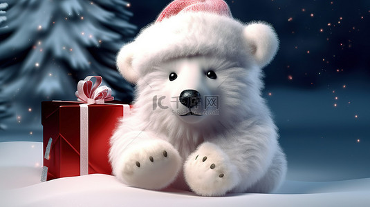 节日圣诞节插图中白熊的 3D 渲染