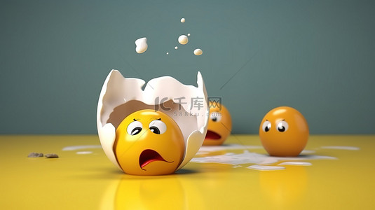 蛋黄漏出的破裂鸡蛋 3D 渲染卡通生鸡蛋在半空中破裂