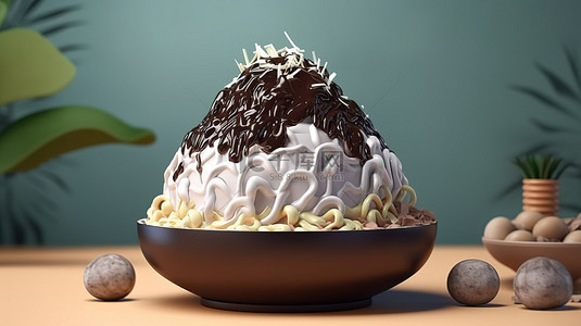 巧克力味牛奶背景图片_卡通风格的 3d 韩国 bingso 渲染巧克力味刨冰甜点非常适合清爽的夏日美食