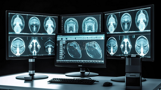 核磁共振设备扁平背景图片_MRI 实验室展示了大脑 X 射线的 3D 渲染计算机显示器显示