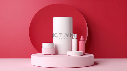 化妆品产品展台白色圆柱台和红色礼盒放置在粉红色背景上的 3d 渲染图