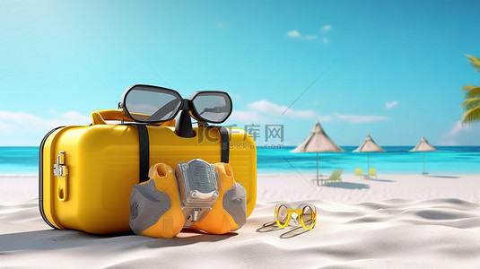 沙滩图背景图片_禁止夏季度假，海滩上需要佩戴呼吸面罩，以避免病毒风险 3d 渲染图