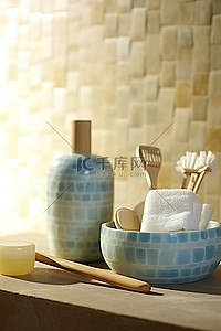 浴室桌子背景图片_桌子上有一个碗和勺子，旁边有牙刷牙膏和牙胶