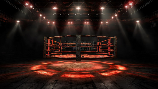 带绳索和聚光灯的拳击场夜间竞技场 3D 渲染