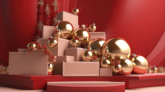 圣诞主题 3D 讲台装饰着节日球铃和礼品盒