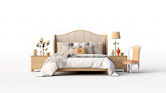 干净的白色背景下的传统卧室家具数字 3D 渲染