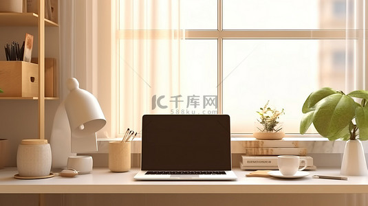 家庭办公室的 3D 渲染插图，配有电脑笔记本电脑屏幕和舒适的桌面工作区