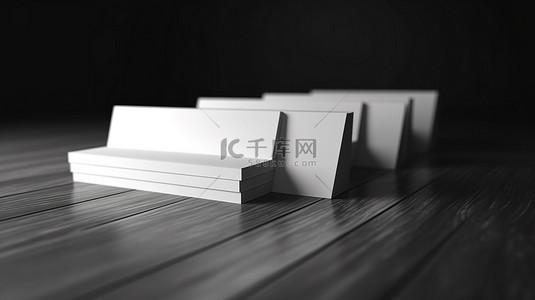 黑色品牌背景图片_黑色木桌的 3D 渲染与四堆白色名片模型