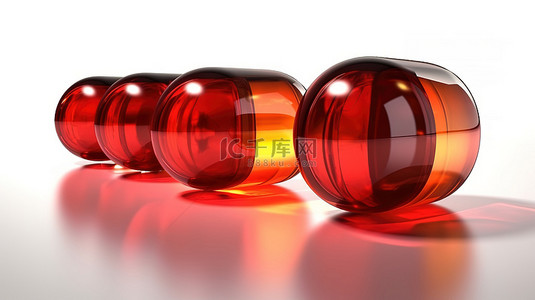 白色背景上四个红色和橙色胶囊的充满活力的 3D 渲染，具有阴影效果