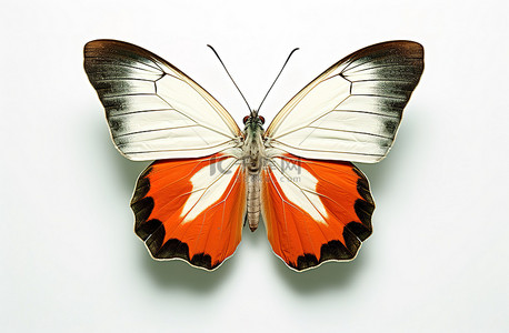 一只橙色和白色的帝王蝶栖息在灰色和白色的背景上