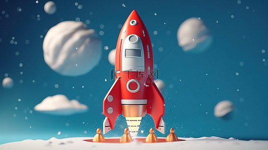 红色中背景图片_漂浮在初创企业概念背景中的红色太空火箭的 3D 插图