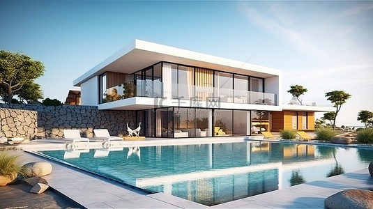 优雅的 3D 渲染现代住宅，配有露台游泳池和引人注目的外观设计
