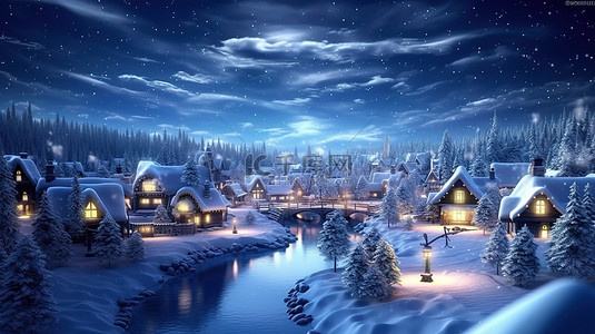 雪景夜背景图片_迷人的冬季仙境令人惊叹的夜间雪村特写