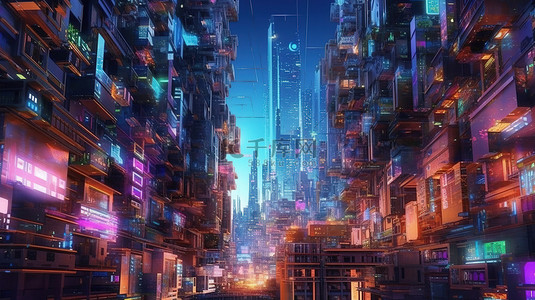 夜景城市科技背景图片_未来派的城市景观发光的摩天大楼和房屋照亮了赛博朋克背景