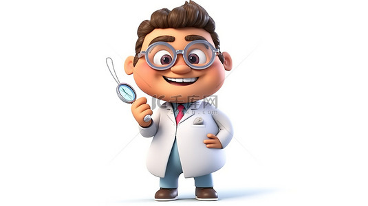 儿童医疗背景图片_幽默的动画医生，手臂可弯曲，在 3D 渲染的空白背景上拿着温度计图形