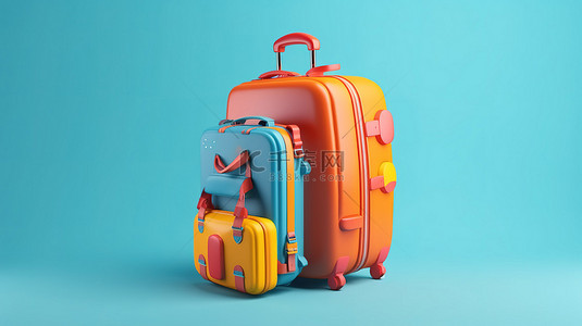 充满活力的手提箱和旅游背包，在蓝色背景上以 3D 渲染，有文字空间