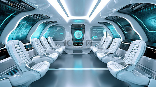 未来派运输汽车内饰展示元宇宙城市 3D 渲染在前景