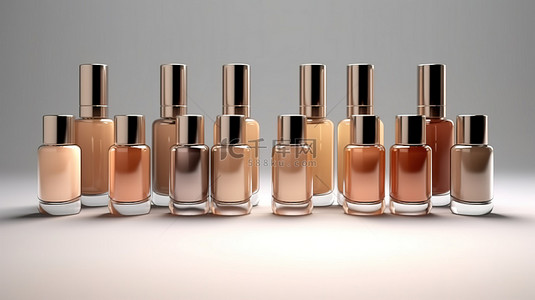 棕色化妆品背景图片_含有浅米色或棕色底色粉底液的玻璃瓶的独立 3D 插图