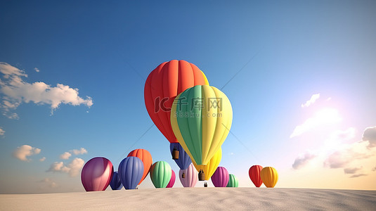 蓝天背景上的彩色充气气球 3D 渲染白卡