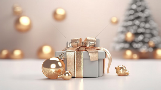 简单的圣诞装饰品和礼物，在 3D 设计上具有朦胧效果，节日 3D 渲染