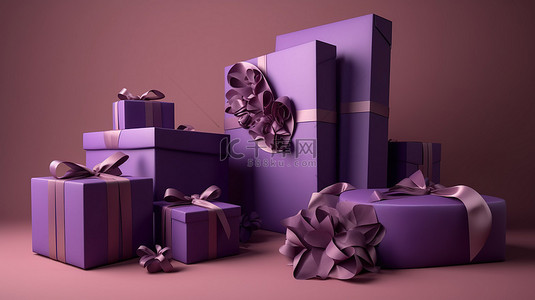 用薰衣草纸包裹的装饰礼品盒，饰有丝带和贺卡，有充足的空白空间，可在紫罗兰色背景上定制 3D 礼物系列