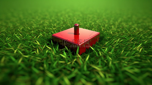 绿草广场上红色导航销的 3d 插图
