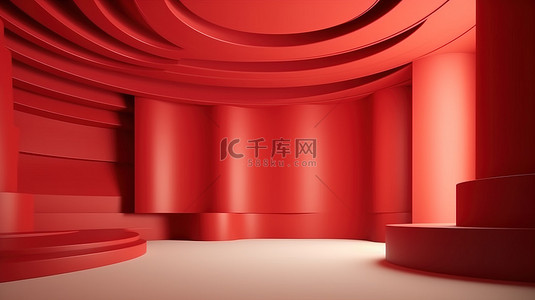 具有抽象重叠红色背景的展览室的令人惊叹的分层 3D 渲染
