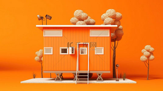 单色高耸立体舱的橙色背景 3D 渲染
