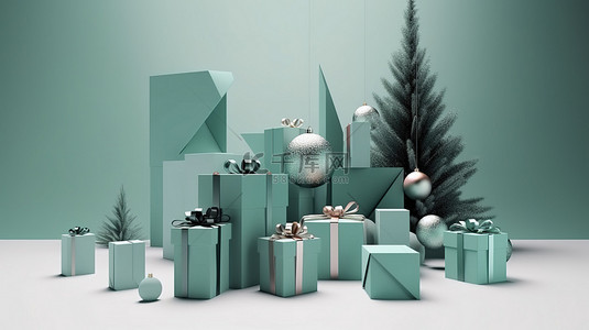简约的 3D 设计圣诞装饰品，一个礼品盒，以 3D 呈现，带有节日快乐的圣诞节和新年快乐的消息
